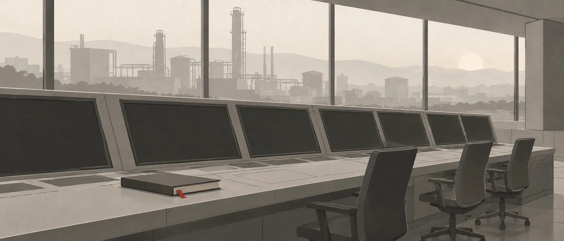 Conceptual illustration: an empty control room at dawn with blank screens, a plant in haze beyond the windows