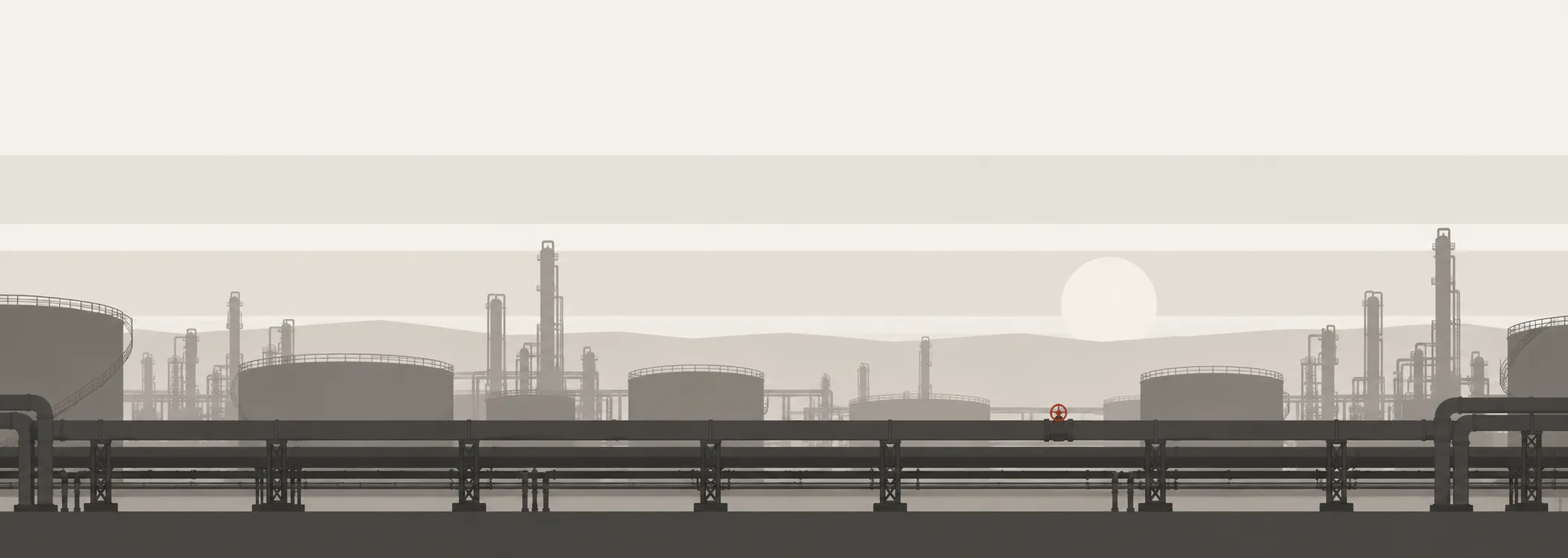 Conceptual illustration: a calm industrial horizon at dawn with tanks and a pipe rack, one small red valve