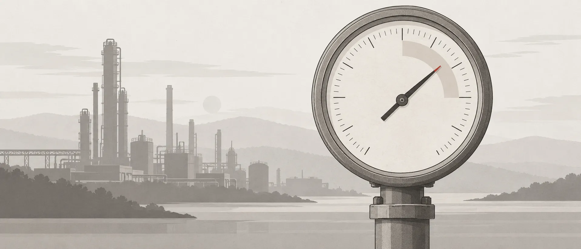 Conceptual illustration: a pressure gauge with its needle resting in the band, a plant in morning haze behind