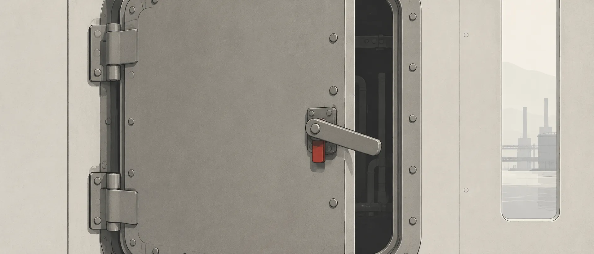 Conceptual illustration: a heavy inspection hatch half open in a plain wall, its latch marked in red