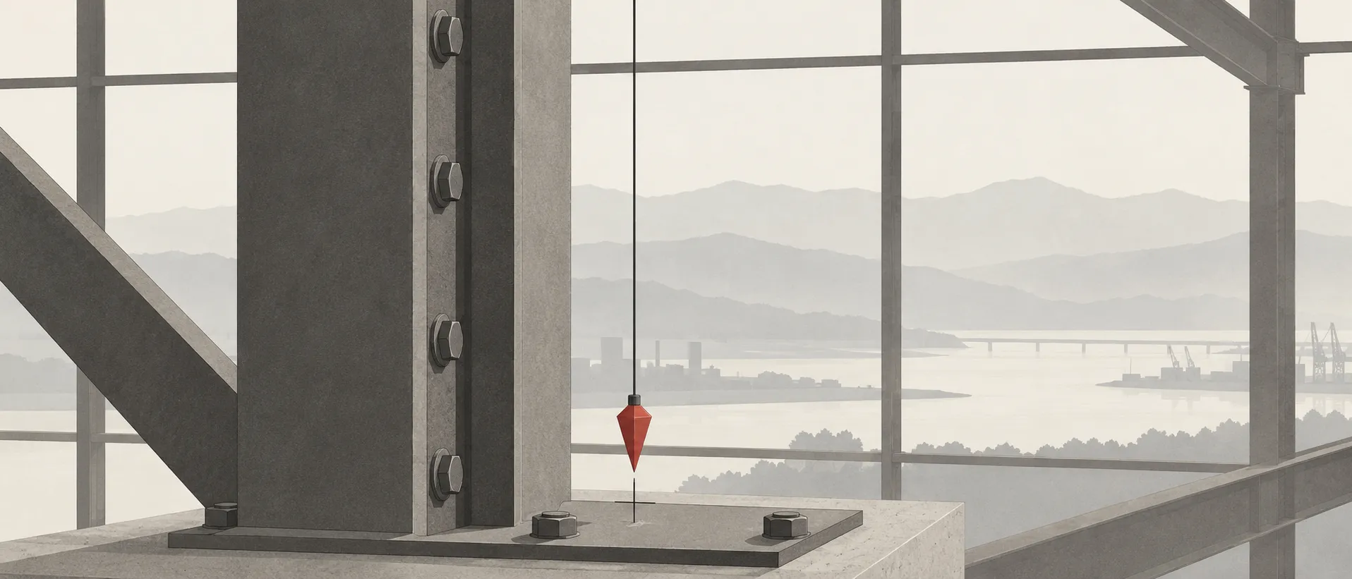 Conceptual illustration: a plumb line beside a steel column, the red plumb bob just above its mark