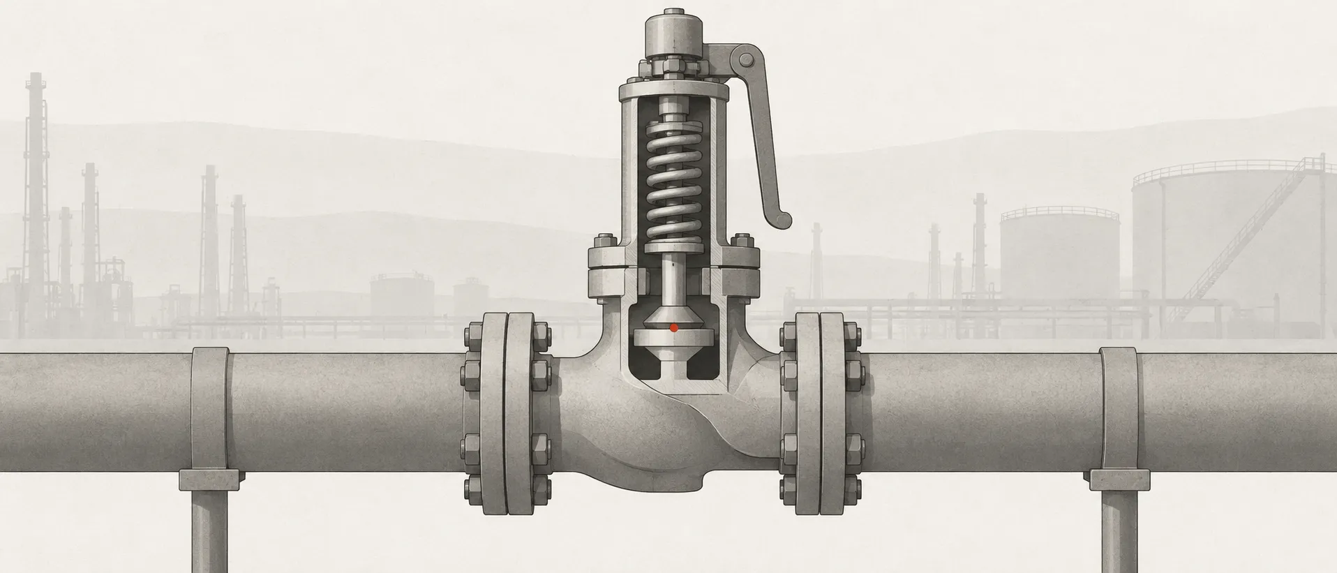 Conceptual illustration: a relief valve in side elevation on a long pipe run, a small red point at the valve seat